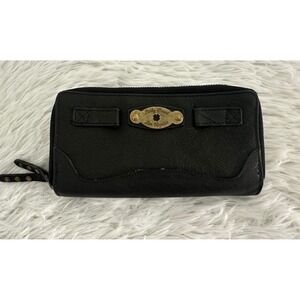 Lucky Brand black leather zip-around wallet with a gold plate detail
